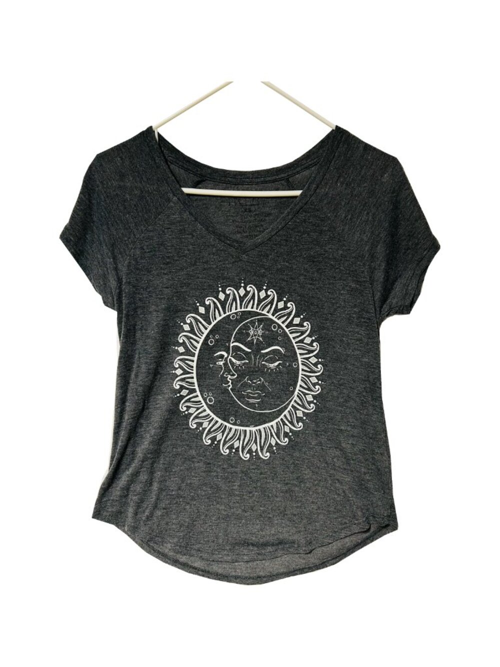 Women's Freeze Brand Heather Gray and White Moon and Sun V-Neck Short-Sleeve Tee
